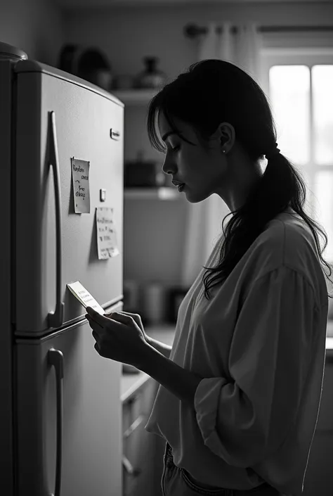 Woman reading a note left on the refrigerator, black white style 