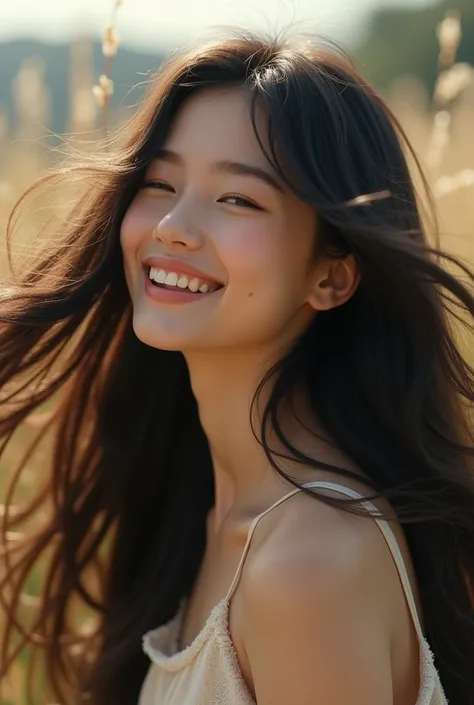 Beautiful long black hair girl smiling happy face very long hair play with wind
