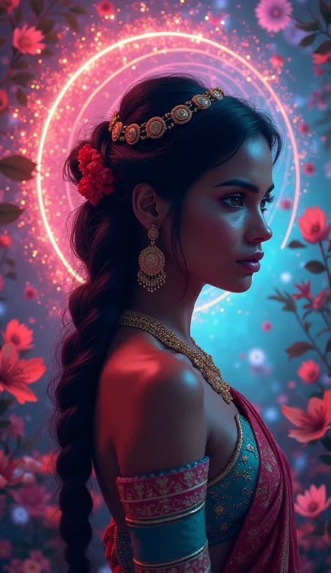 (masterpiece, top quality, best quality, official art, beautiful and aesthetic: 1.2), (1 indian girl: 1.3), extremely detailed, (neon fractal art: 1.1), (multi-color: 1.1) (flower: 1.3), highest detail, (neon zentangle: 1.2), (dynamic pose), (neon abstract...