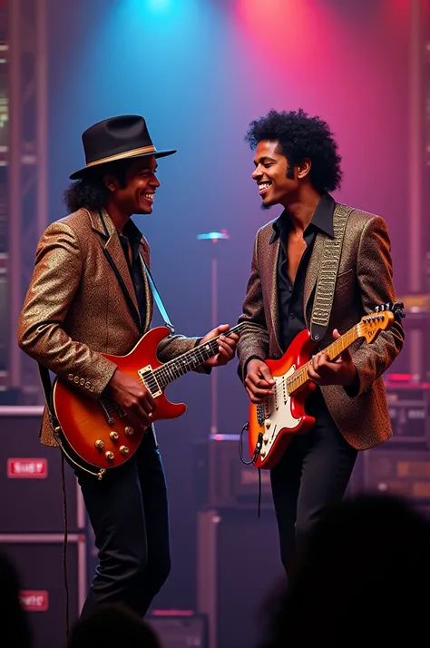 Tito jackson is smiling while playing guitar. Michael jackson is singing into the microphone, While pointing a Finger at Tito.