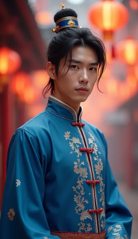 Japanese,23-28, Handsome and elegant,  fair skin, black eyes（thin eyes 1：3), (Super detailed, best quality, 4K, 8k, High resolution, masterpiece:1.3) he is wearing traditional chinese outfit (blue colour) in Mid-Autumn Festival.