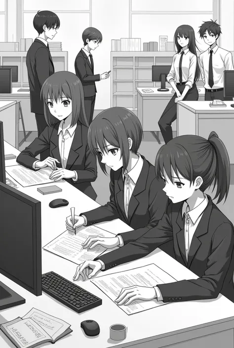 Boys and girls (without showing their naked body parts) in black and white clothes and very little anime faces are working in an office, focusing on projects.