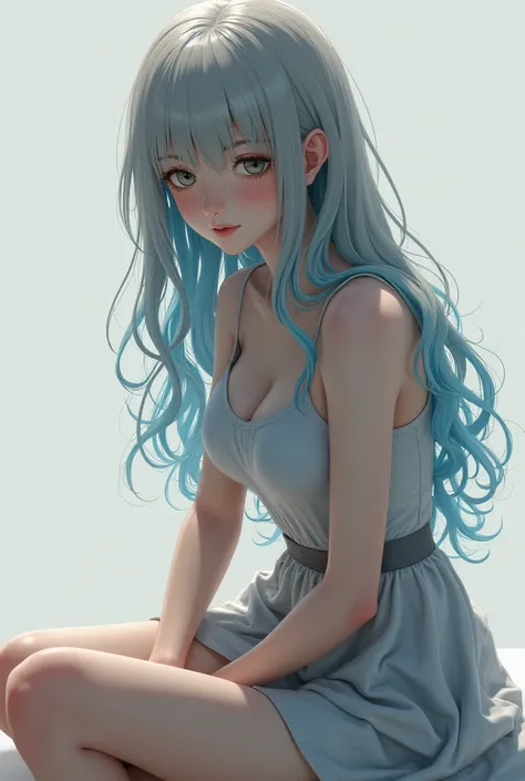 "A girl with gray and blue hair, with long hair, sitting down, wearing a short skirt, about 1.65 meters tall, and of Russian descent."



