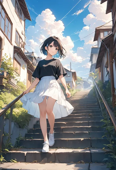 アニメ、((Amazingly absurd)),(masterpiece:1.2),超High resolution, Attention to detail, high quality, High resolution, 最high quality, 4K, 8k、Blackshirt、White Skirt、Black Hair、short hair、cute、Depicting climbing stairs、Stairs to a bright future,Dazzling background...