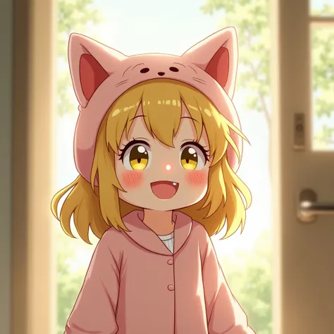 From the thigh up　(Chibi character Sadako 1.3)　Blonde medium long hair　morning　smile　Wearing a cute pink cat ear hat　