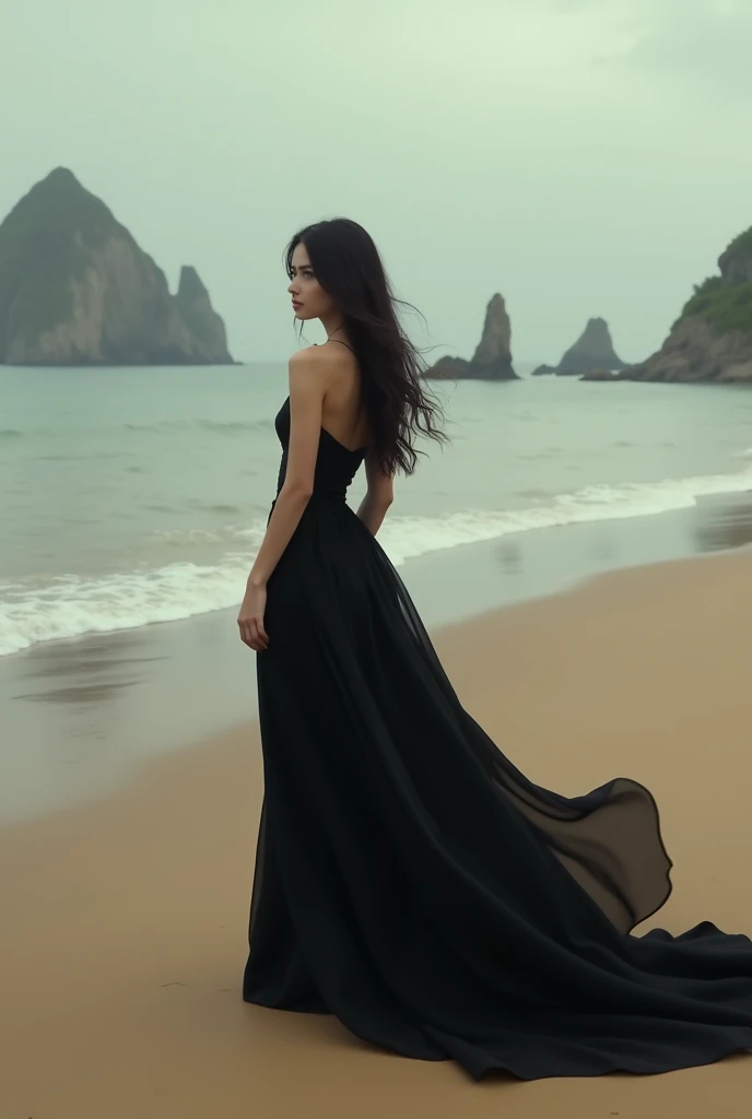 A girl of twenty years wearing black gown standing on a beach