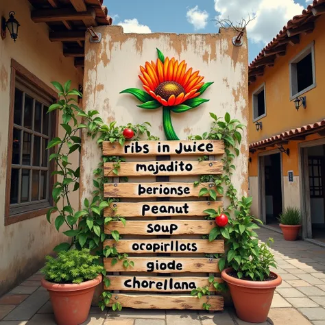 A sign with that flower on top, Write the following menu correctly and exactly: 

“CASA NATURALEZA” - Ribs in juice - Majadito - Peanut soup - Chorrellana 