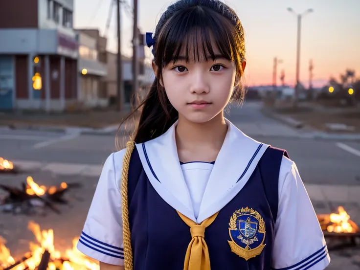 A high school student wearing a sailor uniform standing in an abandoned city、Bonfire、Detailed face、Idol、look at the viewer