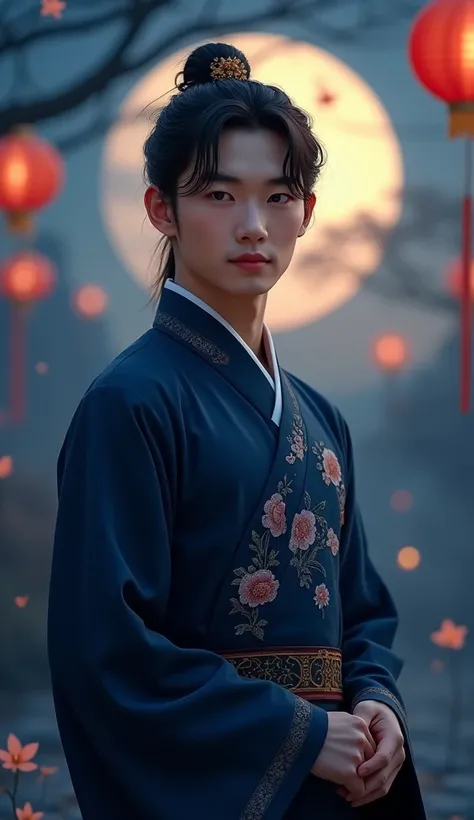 Japanese,23-28, Handsome and elegant,  fair skin, black eyes（thin eyes 1：3), (Super detailed, best quality, 4K, 8k, High resolution, masterpiece:1.3) he is wearing traditional chinese outfit (dark blue) in Mid-Autumn Festival. Happy, night 