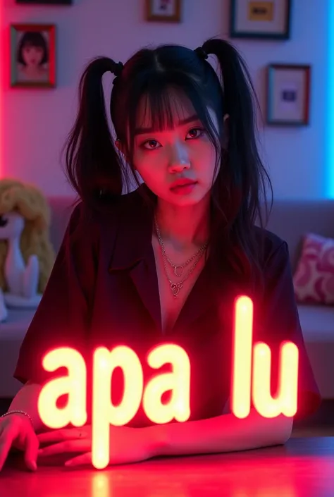 a beautiful korean woman with long black hair in two pigtails wearing a cool jum shit holding a blue glowing 3D text "Apa Lu" posing dynamically with bright colors. room background with various photo frames and books red blue neon lights 32k ultraHD