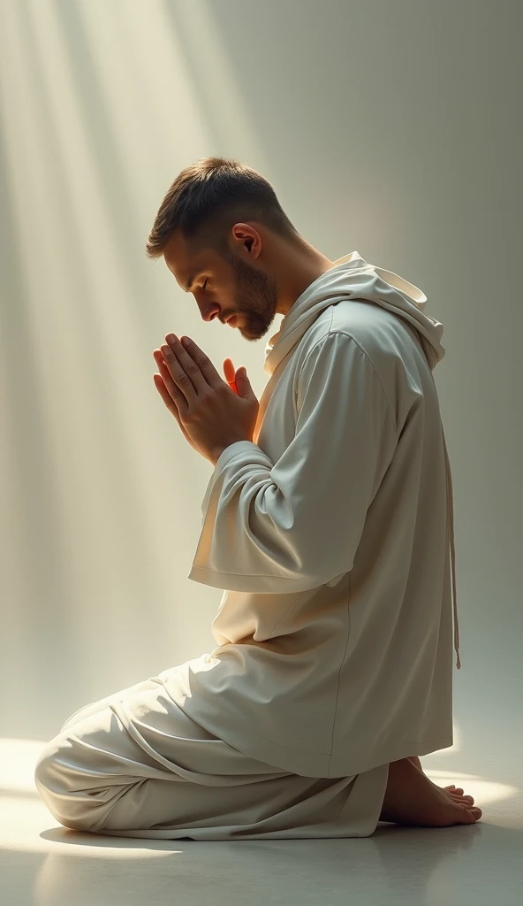 The man in a reflective pose, perhaps making a supplication in gratitude.
He is seen in a humble, prayerful posture.
