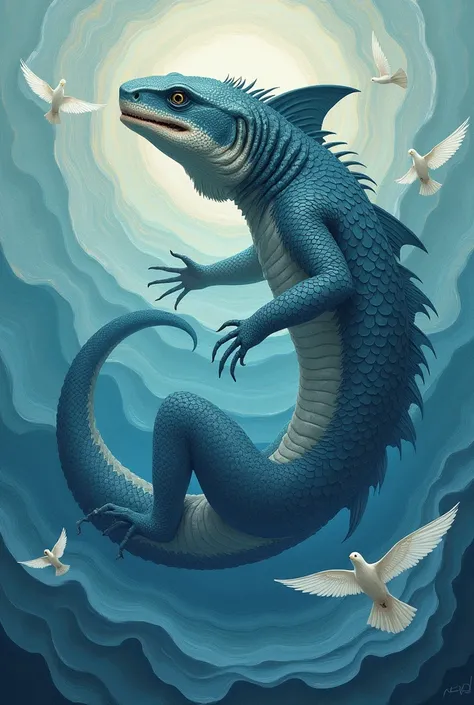 Lizard Shark** : faire un cercle ou on voit un requin de forme allongée, symbolizing the depth of faith, avec des vagues douces et une couleur bleue apaisante. The background can be made up of symbols of peace and loyalty (like doves).