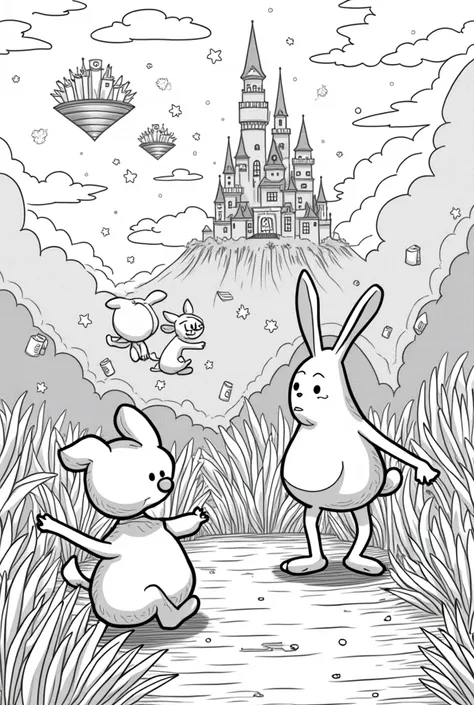  Coloring page of a cat, a mouse and a rabbit in the universe of the book howl&#39;s moving castle 