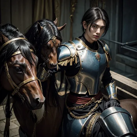 1 boy, a young Imperial Guard warrior with a model face, mythical armor and sword , 
Looks at the viewer, black hair, Hair decoration, tape, bang, earrings, Realistic anatomy, Best quality, sits on a well-trained horse