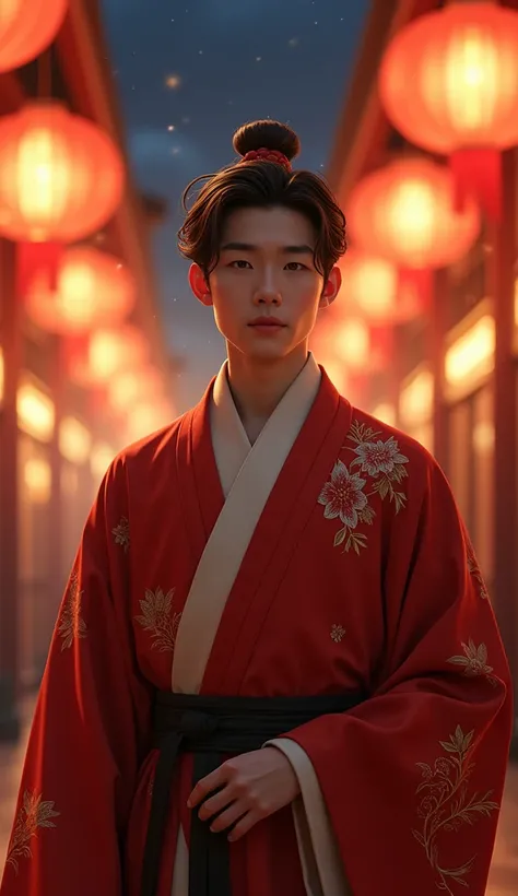 Japanese,23-28, Handsome and elegant,  fair skin, black eyes（thin eyes 1：3), (Super detailed, best quality, 4K, 8k, High resolution, masterpiece:1.3) he is wearing traditional chinese outfit  in Mid-Autumn Festival. Happy, night 