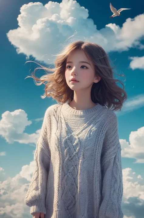 (best quality,4K,8K,High resolution,masterpiece:1.2), The girl in the clouds has hair as fluffy as clouds,bird overhead，soft sweater，tiny stars, fantasy illustration, dream color, Children&#39;s illustration style.bright colors