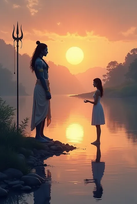 Bholenath standing near a tranquil river at twilight, his trident (Trishul) beside him. The girl stands across from him, her reflection visible in the water, as she gently touches the surface with her hand. The scene is bathed in hues of orange and blue fr...