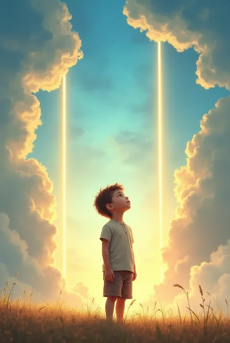 child boy admiring the sky, bordered by a being of light