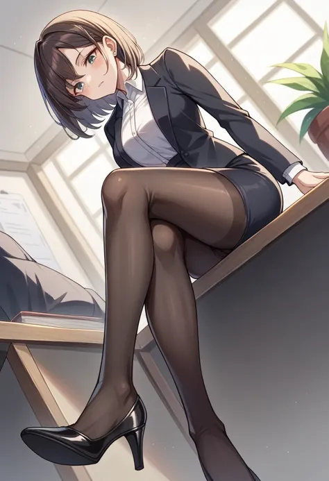 ((Best Quality)), ((masterpiece)), (be familiar with) Perfect Face、Mature beautiful woman、Sitting with legs crossed, The whole body, even the toes, See the audience at your feet、Looking down、Office Style、business suit、Black jacket、White open shirt、Black kn...