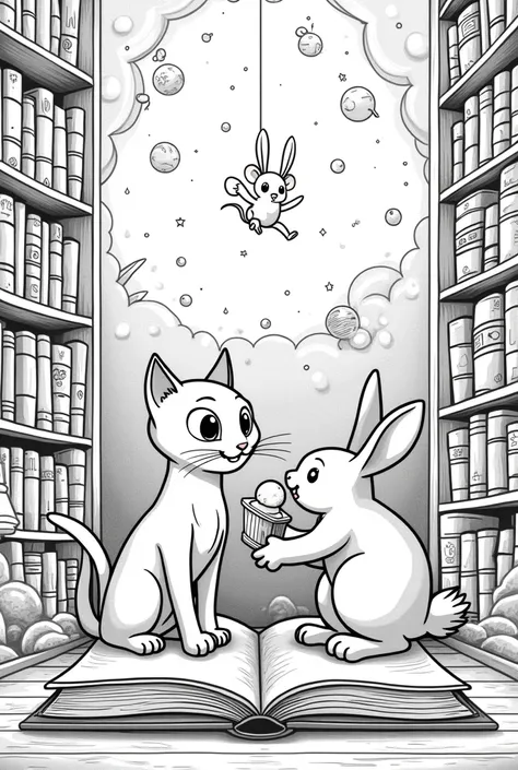  Coloring page of a cat, a mouse and a rabbit in the universe of books 