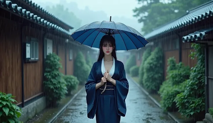 A serene scene in a traditional Japanese village on a rainy day. A beautiful, large-breasted size 4 woman wearing a dark blue kimono that is open at the chest, with a white obi walks on a wet, stone-paved path while holding a blue umbrella. The rain falls ...