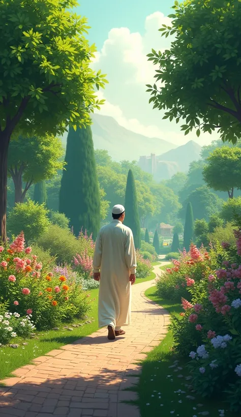 A tranquil garden scene with lush trees and blooming flowers.
The setting conveys peace and the beauty of creation.A Muslim male person is walking in the garden