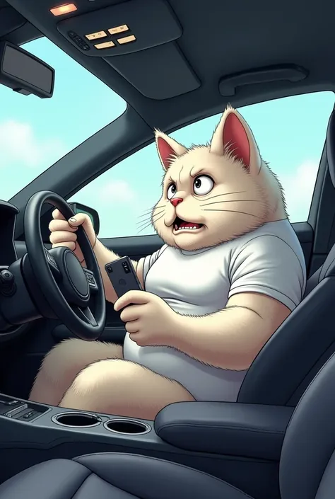 A large, muscular anthropomorphic cat with a white fur coat and cartoonish facial features sits in the drivers seat of a car. It wears a tight-fitting white t-shirt and is holding a smartphone in one hand while gripping the steering wheel with the other. T...