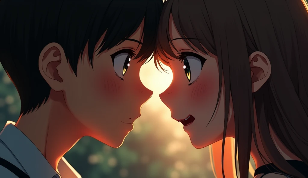 Scene 5 - The Moment of Eye Contact: A close-up of the boy and girl looking at each other again. Their eyes meet, and it feels like everything around them has faded. The girls eyes are expressive, conveying something unspoken, while the boys face shows a m...