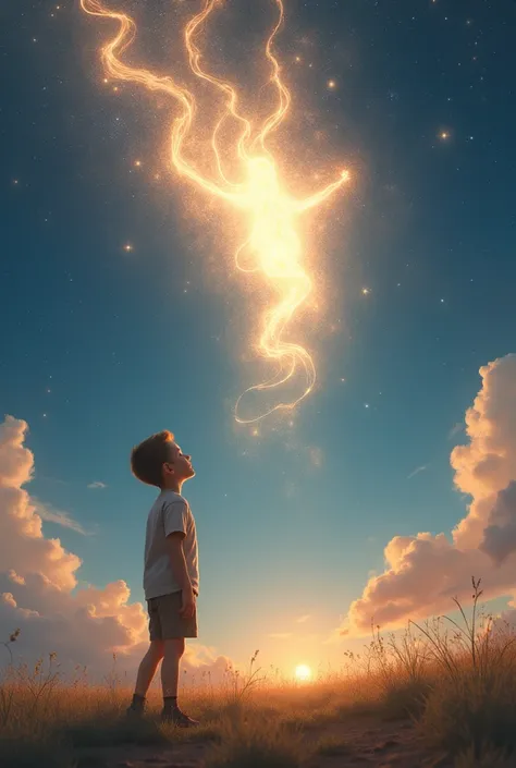 child boy admiring the sky, chatting with a faceless being of light