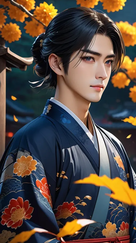 Japanese,23-28, Handsome and elegant,  fair skin, black eyes（thin eyes 1：3), (Super detailed, best quality, 4K, 8k, High resolution, masterpiece:1.3) he is wearing traditional chinese outfit (dark blue) in Mid-Autumn Festival.
