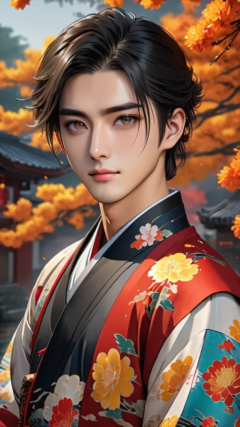 Japanese,23-28, Handsome and elegant,  fair skin, black eyes（thin eyes 1：3), (Super detailed, best quality, 4K, 8k, High resolution, masterpiece:1.3) he is wearing traditional chinese outfit  in Mid-Autumn Festival.
