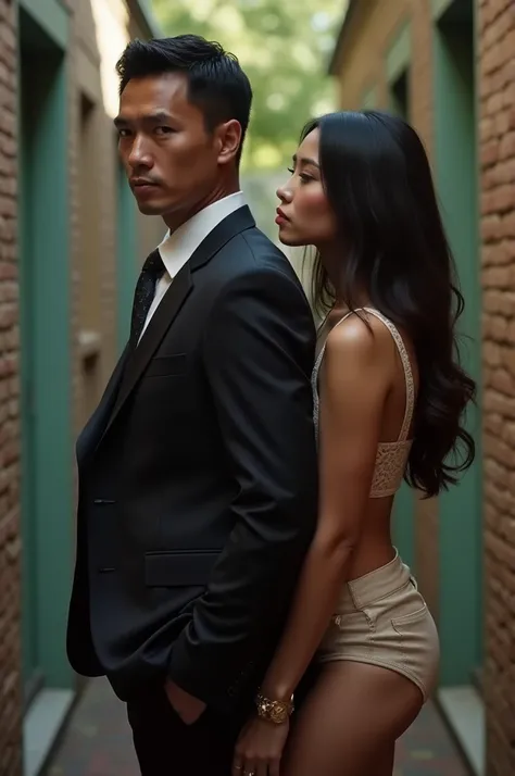 asian gangster husband besides his cute innocent wife from their back
