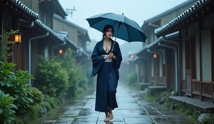 A serene scene in a traditional Japanese village on a rainy day. A beautiful, large-breasted size 4 woman wearing a dark blue kimono that is open at the chest, with a white obi walks on a wet, stone-paved path while holding a blue umbrella. The rain falls ...