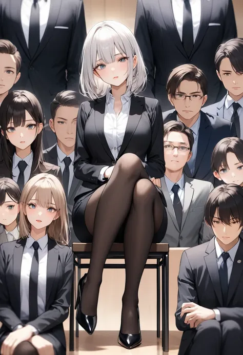 ((Best Quality)), ((masterpiece)), (be familiar with) Perfect Face、Mature beautiful woman、Sitting with legs crossed, The whole body, even the toes, See the audience at your feet、Looking down、Office Style、business suit、Black jacket、White open shirt、Black kn...