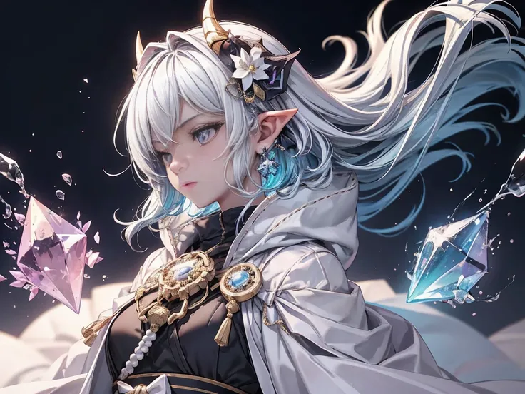 high quality:1.2, Very detailed, up to date, A lonely look, Ultra-high resolution, High Contrast, masterpiece:1.2, 最high quality, Best aesthetics), cute,White short hair and white cloak、White Devil Guide、A young samurai girl holding a crystal aloft, Blue p...