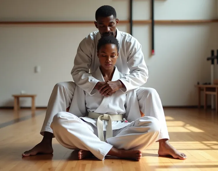 Black skin in the karate gym, barefoot, woman in white karate uniform with male instructor. Woman stretching her legs forward while sitting on the floor. Instructor hugs woman from behind. 