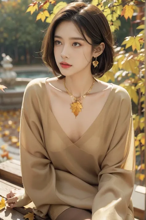 (((best quality))),(((ultra detailed))),(((masterpiece))),illustration,((1 beautiful girl,solo)),(neat medium straight bob:0.8),((slim,thin)),((small breasts,flat chest)),((earrings,crystal necklace)),((sad,tears)),(autumn themed:1.3),(khaki dress:1.3),(pa...