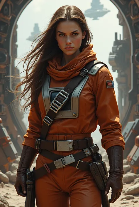 a brown. long brown hair. brown eyes. serious face. Star Wars Pilot Uniform. RPG painting style