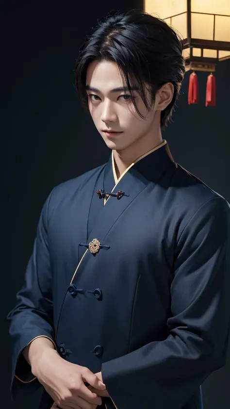 Japanese,23-28, Handsome and elegant,  fair skin, black eyes（thin eyes 1：3), (Super detailed, best quality, 4K, 8k, High resolution, masterpiece:1.3) he is wearing chinese outfit (dark blue). He is now in Mid-Autumn Festival.