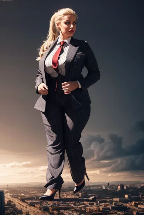 1girl, beautiful detailed eyes, beautiful detailed lips, extremely detailed eyes and face, long eyelashes, blonde ponytail, red lips, massive curvy figure, grey pinstriped trouser suit, white shirt, large paisley necktie, grey pinstriped suit, blazer, mass...