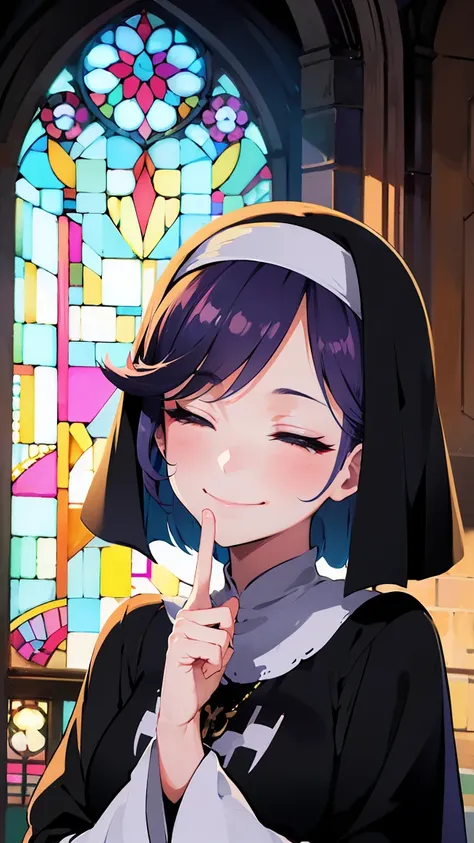 score_9, score_8_up, score_7_up, score_6_up, cinematic light, backlighting, light rays, 1girl, medium hair, bangs, black hair, purple eyes, nun, Pretty Face, closed eyes, smile, fingersmile, finger to mouth, looking at viewer, stained glass, church, arch, ...