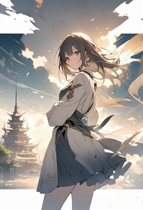 Created exquisite illustrations reminiscent of Makoto Shinkai&#39;s style, Features extremely fine detail and top quality. Angelic, Detail of a woman walking, A woman is wearing a hoodie and holding a machine gun, fighting monsters,  The best building in t...