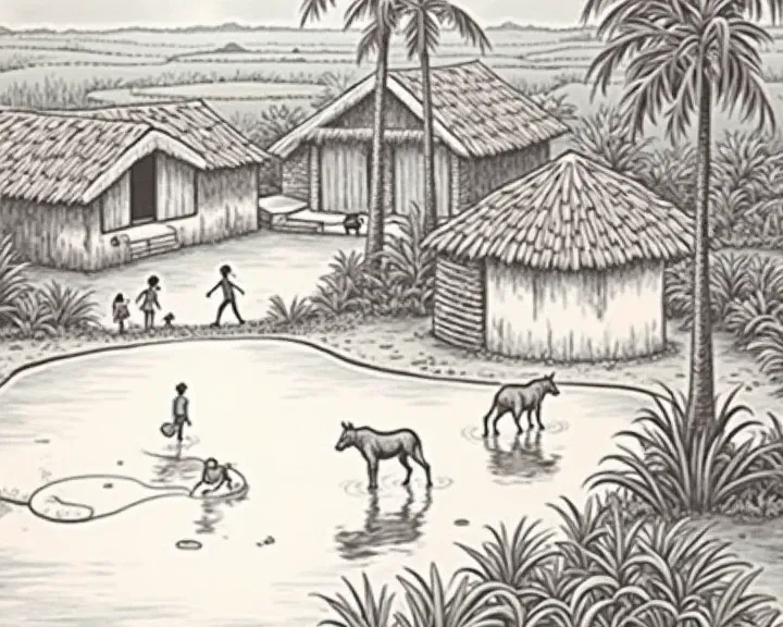 Create a photo where Bangladeshi village houses with pond and paddy field