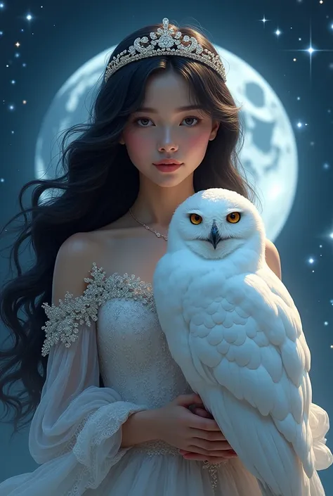 Beautiful girl with wavy long lush black hair with a tiara in a shiny dress against the background of the moon and starry sky holding a polar owl in her hands