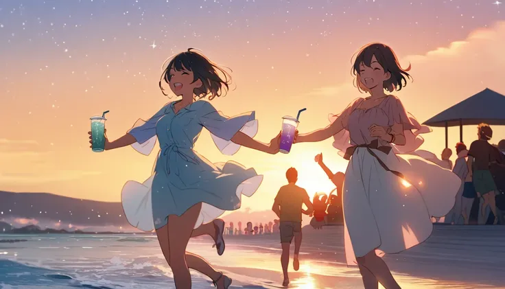 As the day turns into evening, the mood shifts. The group, holding cold drinks, begins to dance under a starry sky. The gentle summer breeze of Okinawa makes everyone feel relaxed yet energized, creating a scene of casual joy and movement