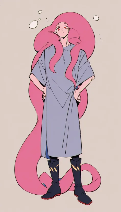 high quality, FHD, man, male, delightful, sleepy, standing, hands on hips, looking at viewer, front view, absurdly long hair, very long hair, side tail, pink hair, red eyes, droopy eyes, fair skin, tall, slim, toned body, long-sleeved t-shirt, coat, boots,...