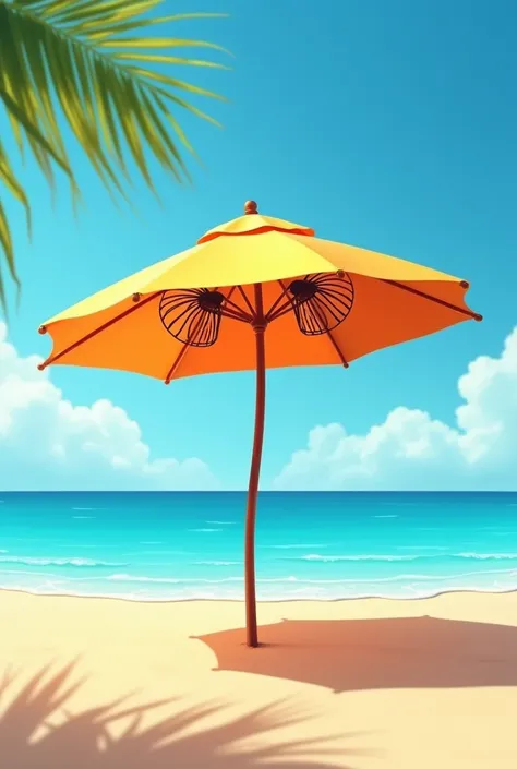 Make a product logo "fresh" with a sun umbrella with fans on the sunny beach