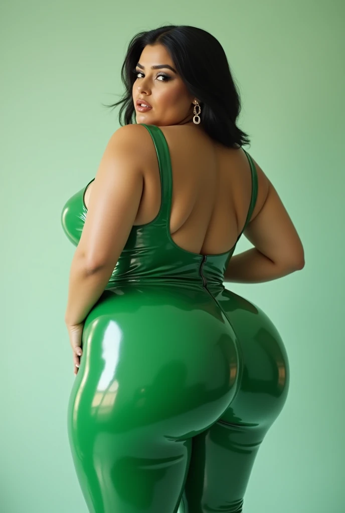 Very Big boobs and big ass  white 
woman in revealing green 
Latex saree and latex blouse 