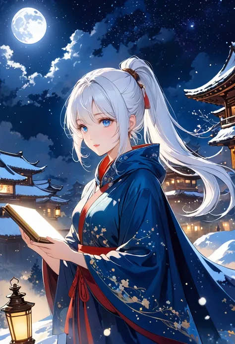 masterpiece, (The best: 1.2), (very good: 1.2), illustration, (Extremely refined: 1.2), movie angle, Floating, (Beautiful eyes pay attention to details: 1.1), (細節lamp: 1.1), lamp, exquisite sky, 【, White hair, blue eyes, (high ponytail: 1.1), cloak, glowin...