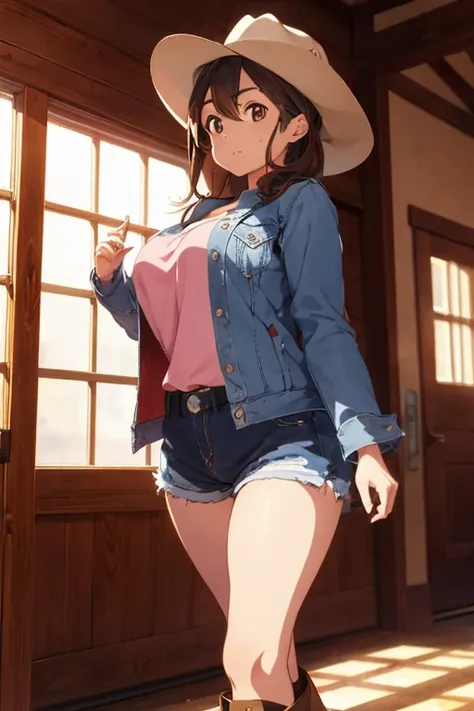 1 female, brown long anime hair, huge breast, teenage girl, brown eyes, thick eyebrows, cowgirl clothes, cowboy hat, jean short,...